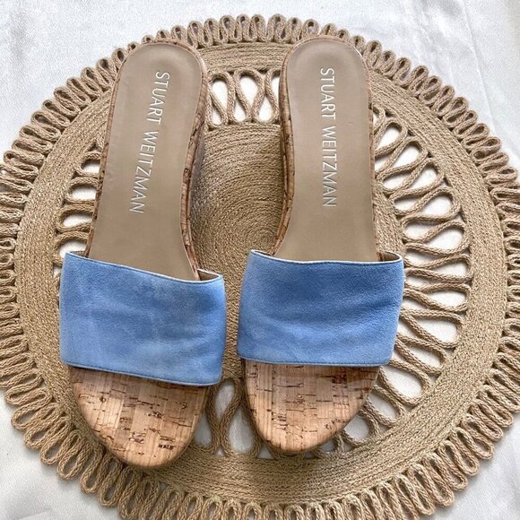 NWOT Stuart Weitzman Blue Suede Summer Wedge Platform Sandals 10B - Picture 2 of 9